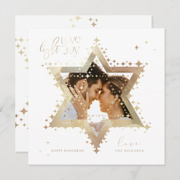 Love Joy Light Elegant Gold Star of David Photo White Holiday Card