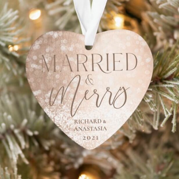 Married & Merry Gold Classy Twinkling Lights Photo Ornament