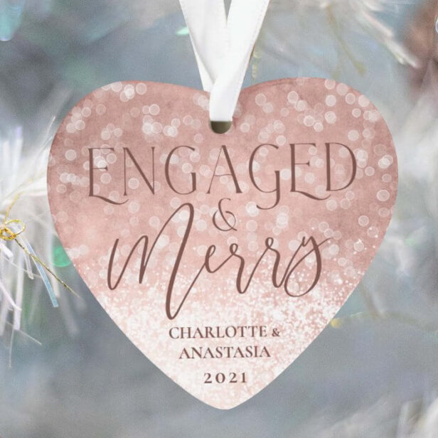 Married & Merry Rose Gold Twinkling Lights Photo Ornament