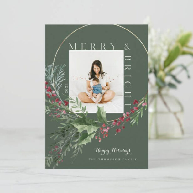 Merry & Bright Watercolor Greenery Wreath Photo Green Holiday Card
