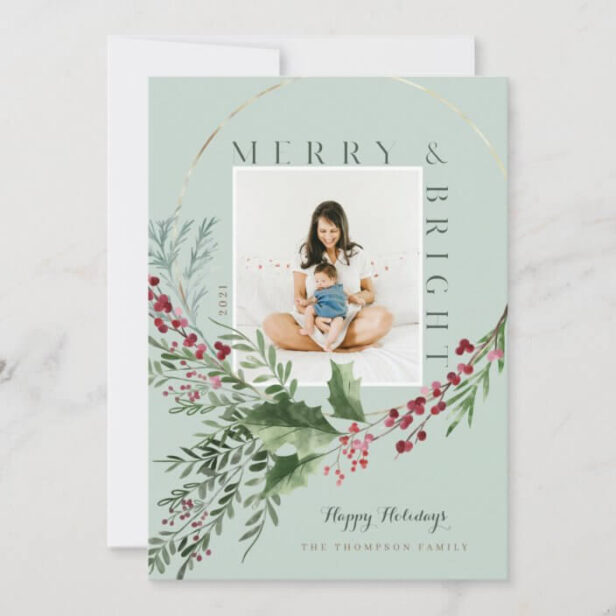 Merry & Bright Watercolor Greenery Wreath Photo Mint Green Holiday Card