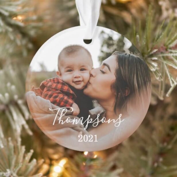 Minimal Family Photo Custom Name Script & Year Ornament