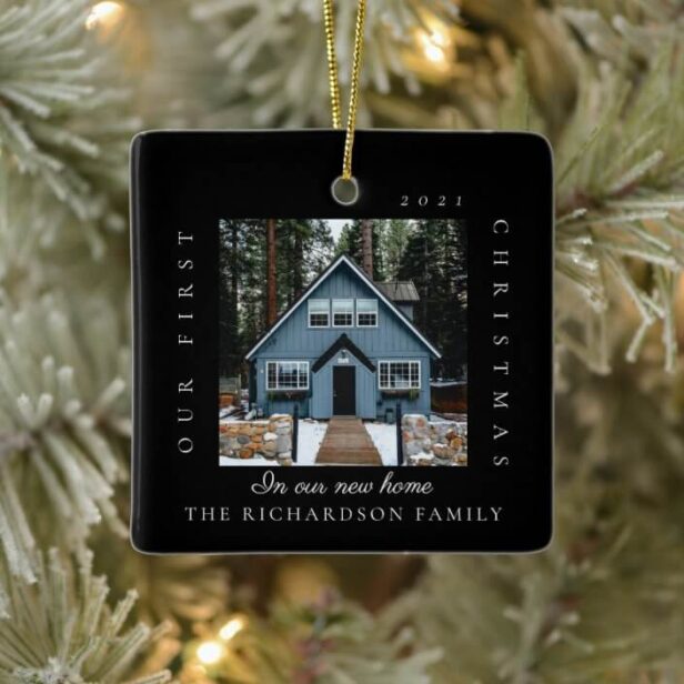 Minimal First Christmas In Our New Home 2 Photo Black Ceramic Ornament