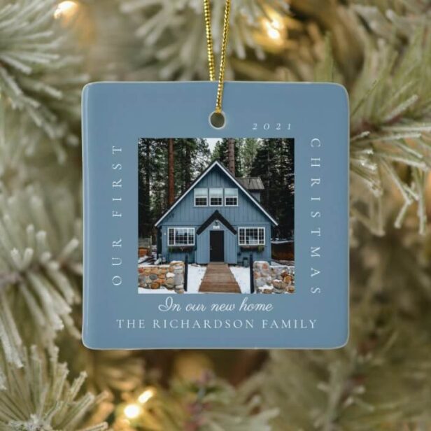 Minimal First Christmas In Our New Home 2 Photo Blue Ceramic Ornament