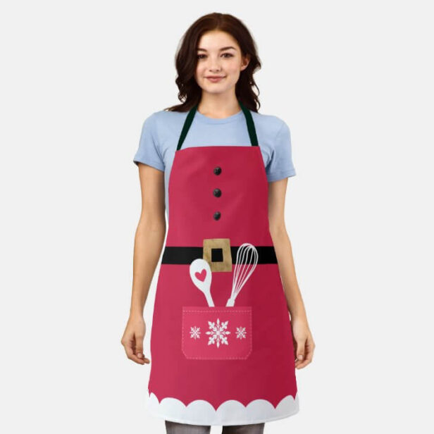 Mrs. Claus Apron Fake Pocket With Spoon & Whisk