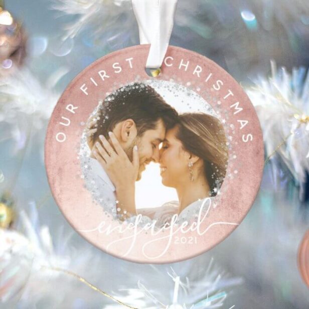 Our First Christmas Engaged Script Rose Gold Photo Ornament