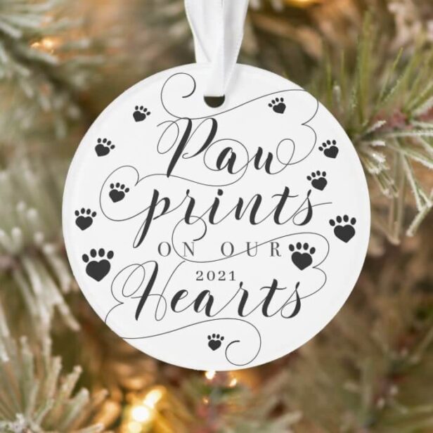 Paw Prints on Our Hearts Script Pet Photo Memorial Ornament