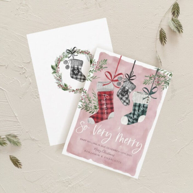 Pregnancy Announcement Watercolor Family Stockings Pink Holiday Card