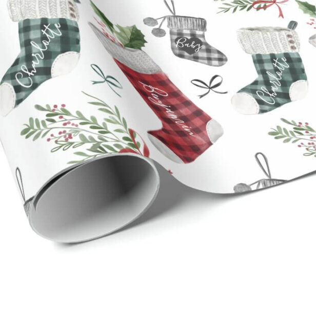 Pregnancy Announcement Watercolor Family Stockings Wrapping Paper