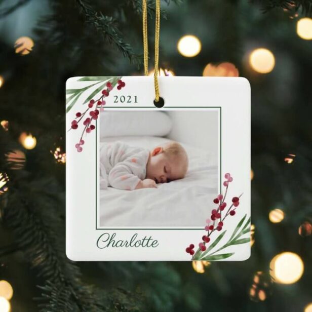 Red Cranberry Foliage Baby's First Christmas Photo Ceramic Ornament