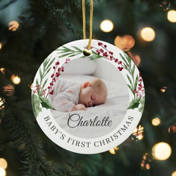 Red Cranberry Foliage Baby's First Christmas Photo Ceramic Ornament