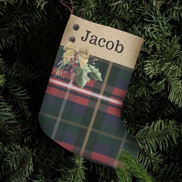Red Green Plaid Gold Bow & Greenery Custom Name Small Christmas Stocking