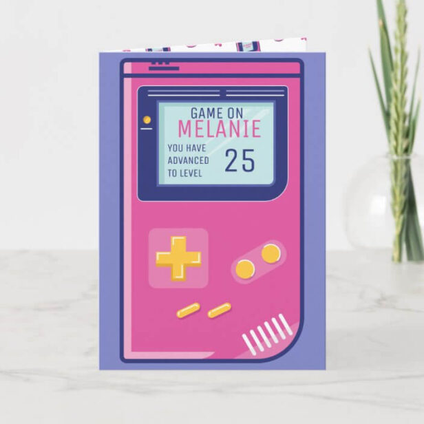 Retro Pink Video Game Level Up Custom Birthday Age Card