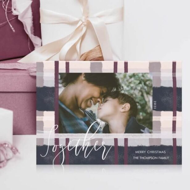 Together Modern Navy Purple Watercolor Plaid Photo Holiday Card