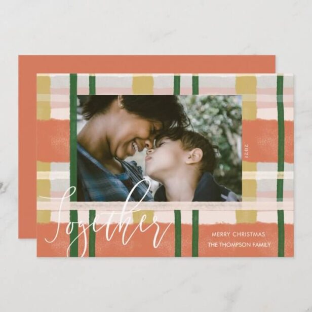 Together Modern Peach Green Watercolor Plaid Photo Holiday Card