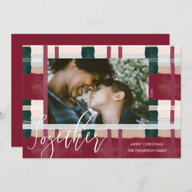 Together Modern Red & Green Watercolor Plaid Photo Holiday Card