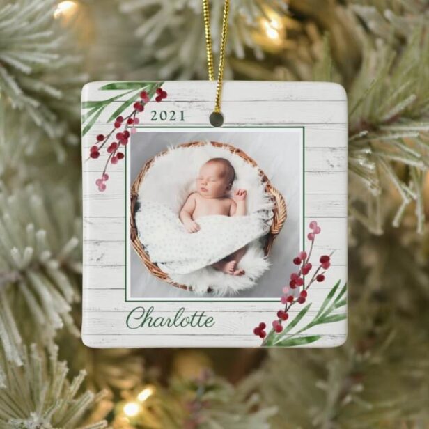 Wood Cranberry Foliage Baby First Christmas Photo Ceramic Ornament