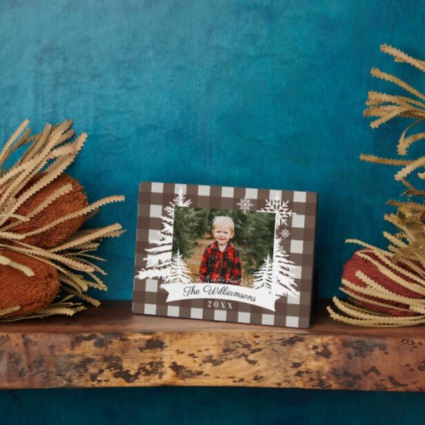 Brown Buffalo Plaid Rustic Pine Tree Family Photo Plaque