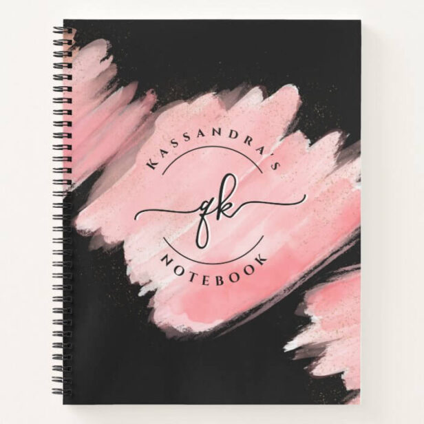 Elegant Pink Black Watercolor Ink Script Monogram Notebook