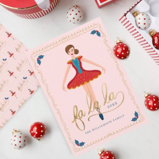 Fa La La Christmas Nutcracker Ballet Dancer Pink Holiday Card