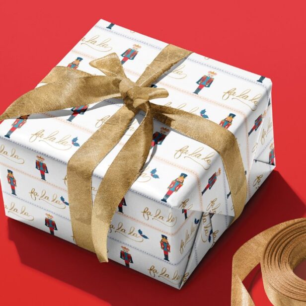 Fa La La Stripe Christmas Nutcracker & Mouse King White Wrapping Paper