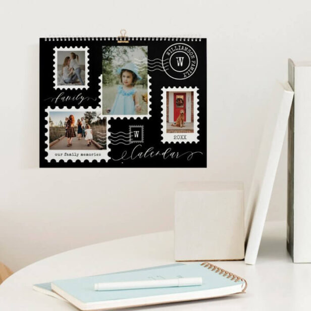 Family Photo Memories Fun Delivery Postage Stamps Black Calendar