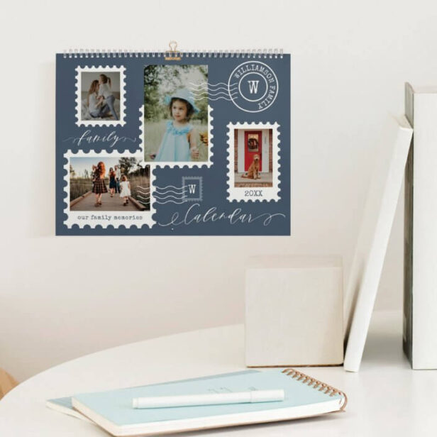 Family Photo Memories Fun Delivery Postage Stamps Blue Calendar