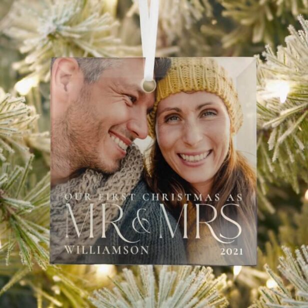 First Christmas As Mr & Mrs Modern Couple Photo Glass Ornament