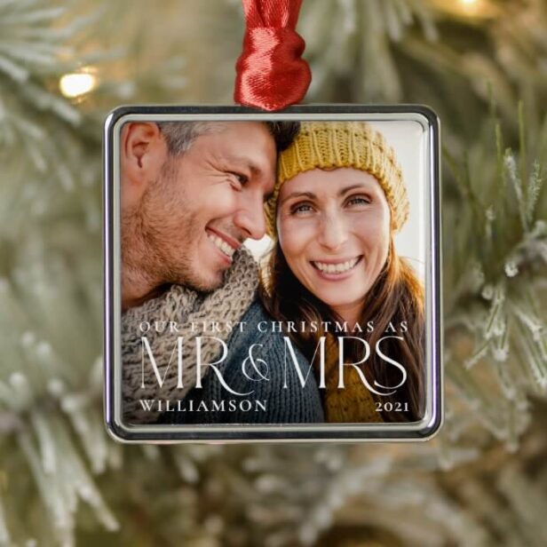 First Christmas As Mr & Mrs Modern Couple Photo Metal Ornament