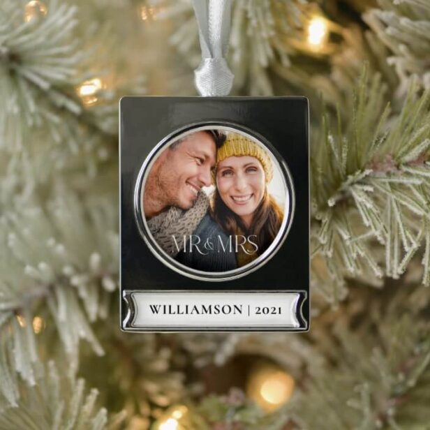 First Christmas As Mr & Mrs Modern Couple Photo Silver Plated Banner Ornament