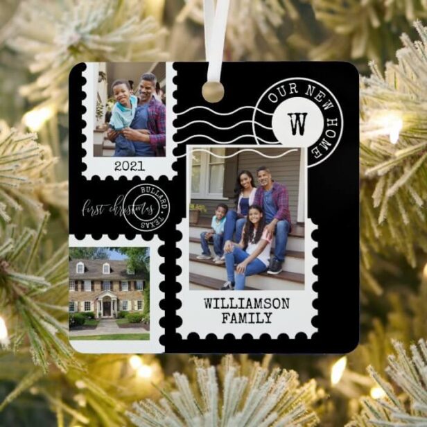 First Christmas New Home Fun Postage Stamp Photos Black Metal Ornament