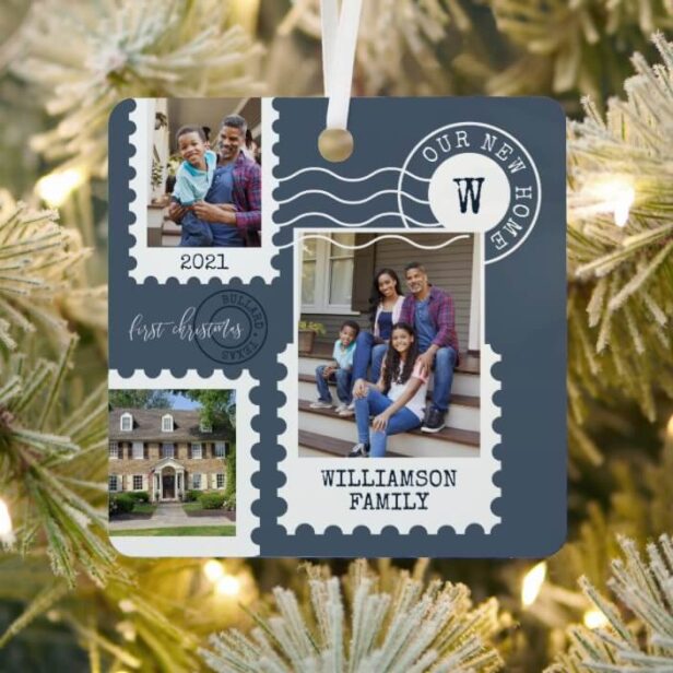 First Christmas New Home Fun Postage Stamp Photos Blue Metal Ornament