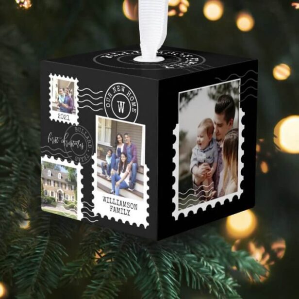 First Christmas New Home Fun Postage Stamp Photos Black Cube Ornament