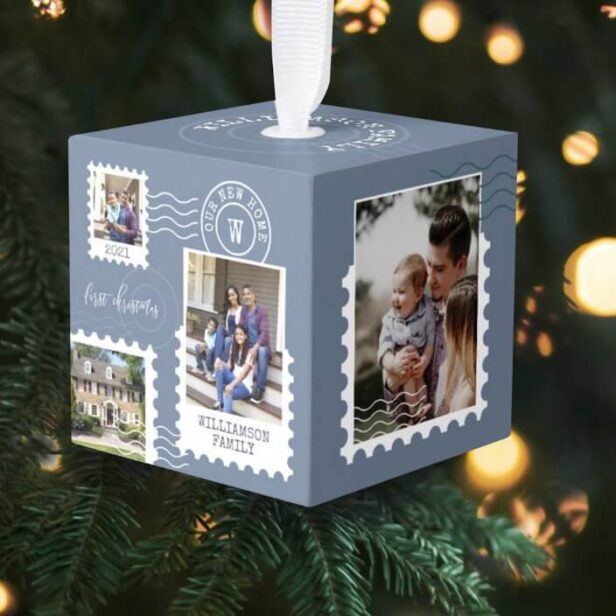 First Christmas New Home Fun Postage Stamp Photos Blue Cube Ornament