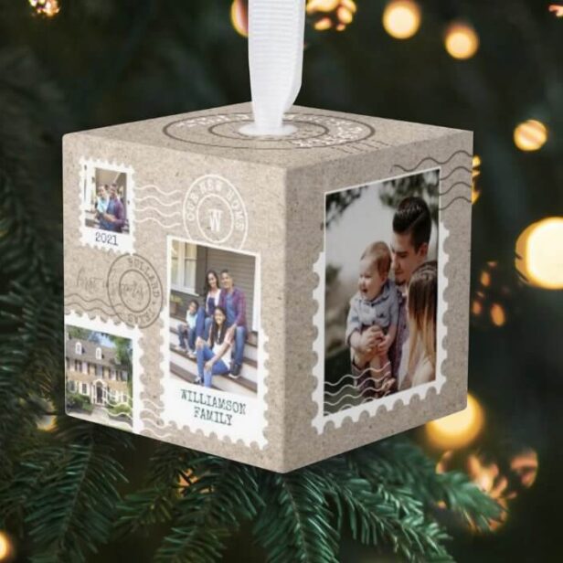 First Christmas New Home Postage Kraft Paper Photo Cube Ornament