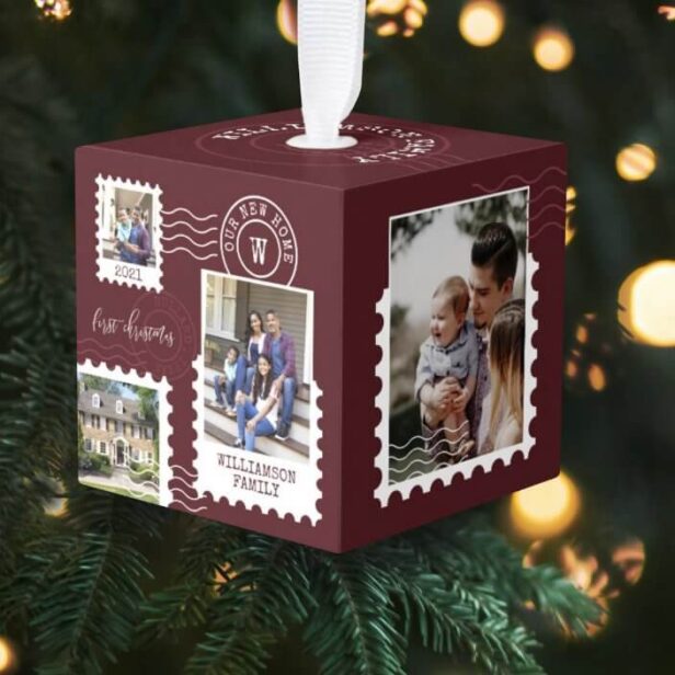 First Christmas New Home Fun Postage Stamp Photos Burgundy Cube Ornament