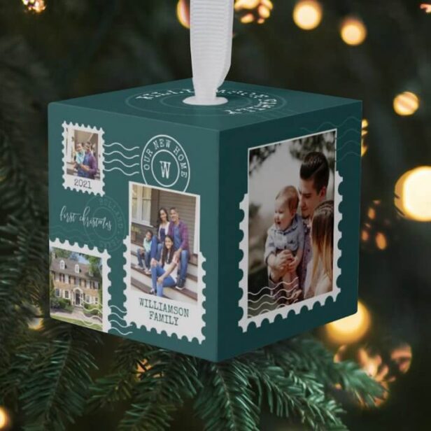 First Christmas New Home Fun Postage Stamp Photos Green Cube Ornament