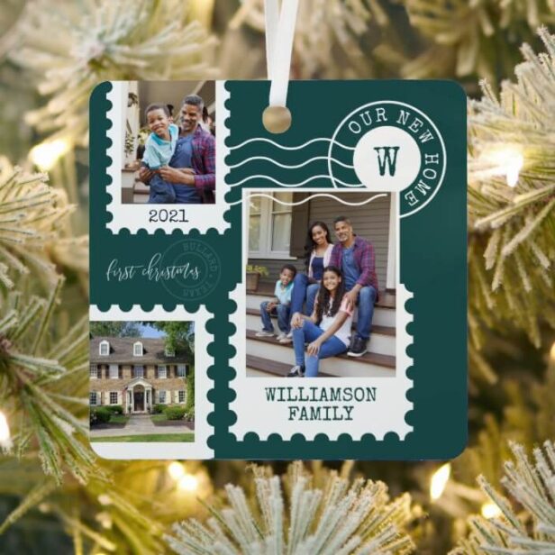 First Christmas New Home Fun Postage Stamp Photos Green Metal Ornament