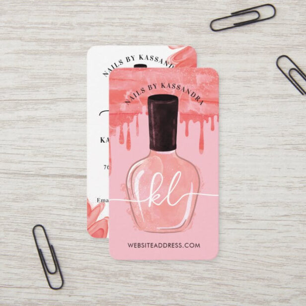 Glam Blush Pink Drips Nail Polish Bottle Monogram Script Business Card