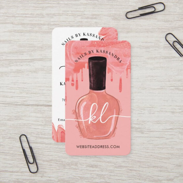 Glam Peachy Pink Drips Nail Polish Bottle Monogram Script Business Card