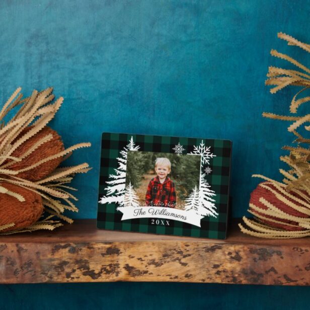 Green Buffalo Plaid Rustic Pine Tree Family Photo Plaque