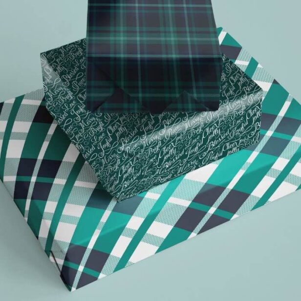 Green & Navy Tartan Plaid Christmas Typography Wrapping Paper Sheets
