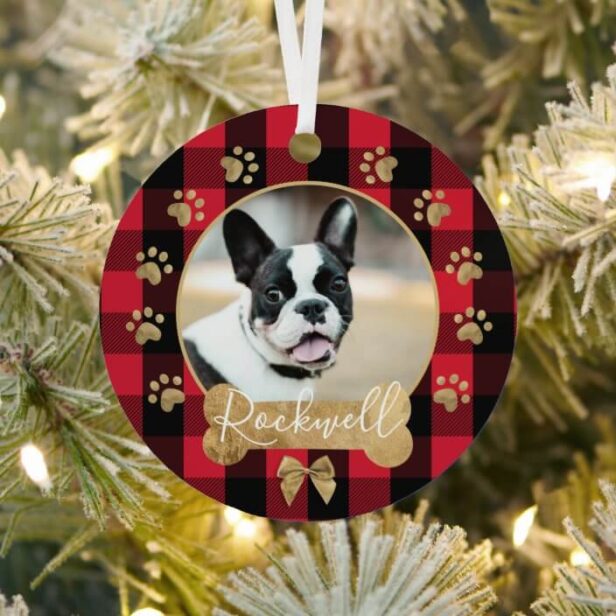 Red Buffalo Plaid Pattern Gold Bow Family Photo Metal Ornament