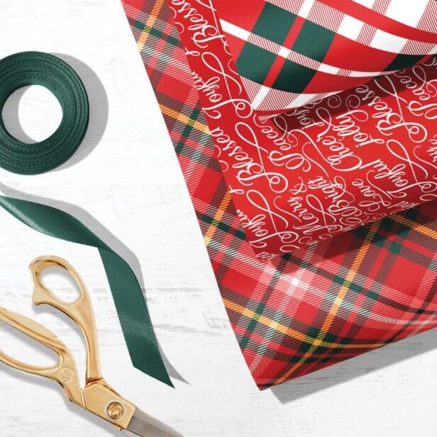Red & Green Tartan Plaid Christmas Typography Wrapping Paper Sheets