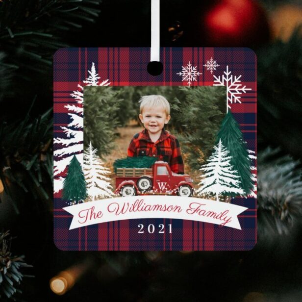 Red Truck Christmas Tree Delivery Red Plaid Photo Metal Ornament
