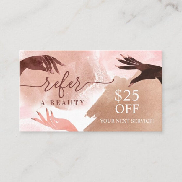 Refer A Beauty Pink Gold Beauty Hand Nail Referral Business Card
