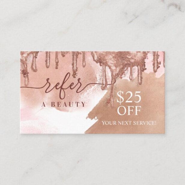 Refer A Beauty Pink Gold Glitter Drips Referral Business Card