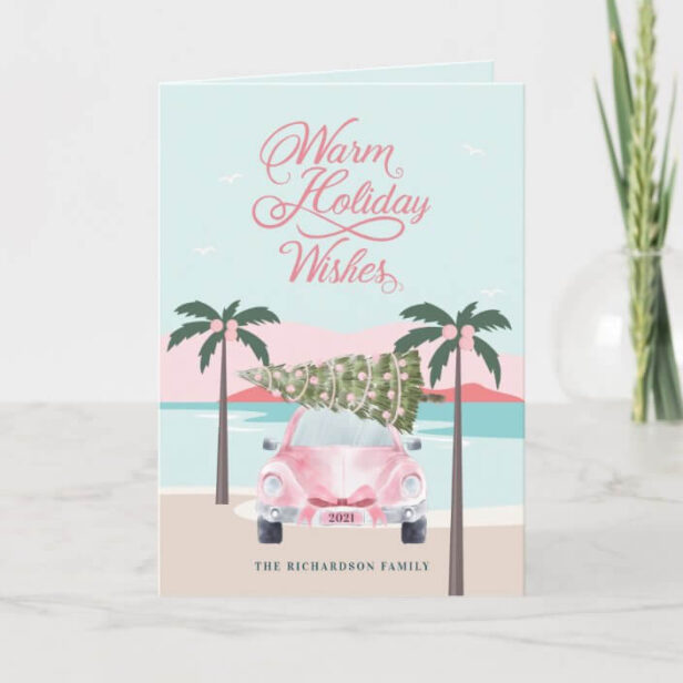Warm Wishes Tropical Palm Trees & Pink Retro Car Holiday Card