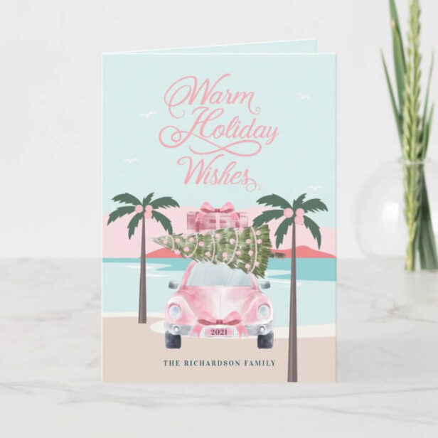 Warm Wishes Tropical Palm Trees & Pink Retro Car Holiday Card