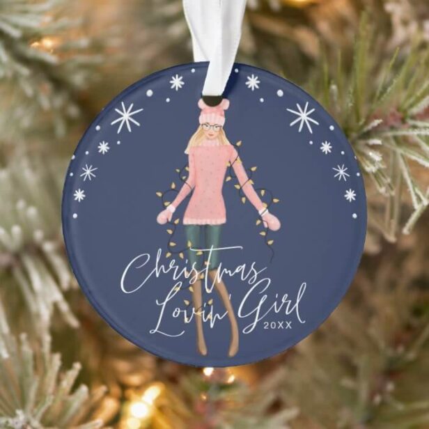 Watercolor Christmas Lovin' Girl Wrapped In Lights Ornament